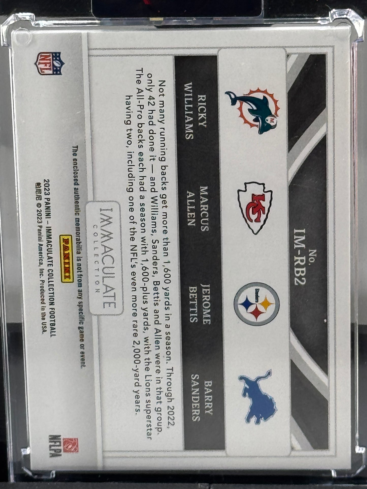 2023 Immaculate #IM-RB2 Ricky Williams Marcus Allen Jerome Bettis Barry Sanders 21/49 Quad Patch