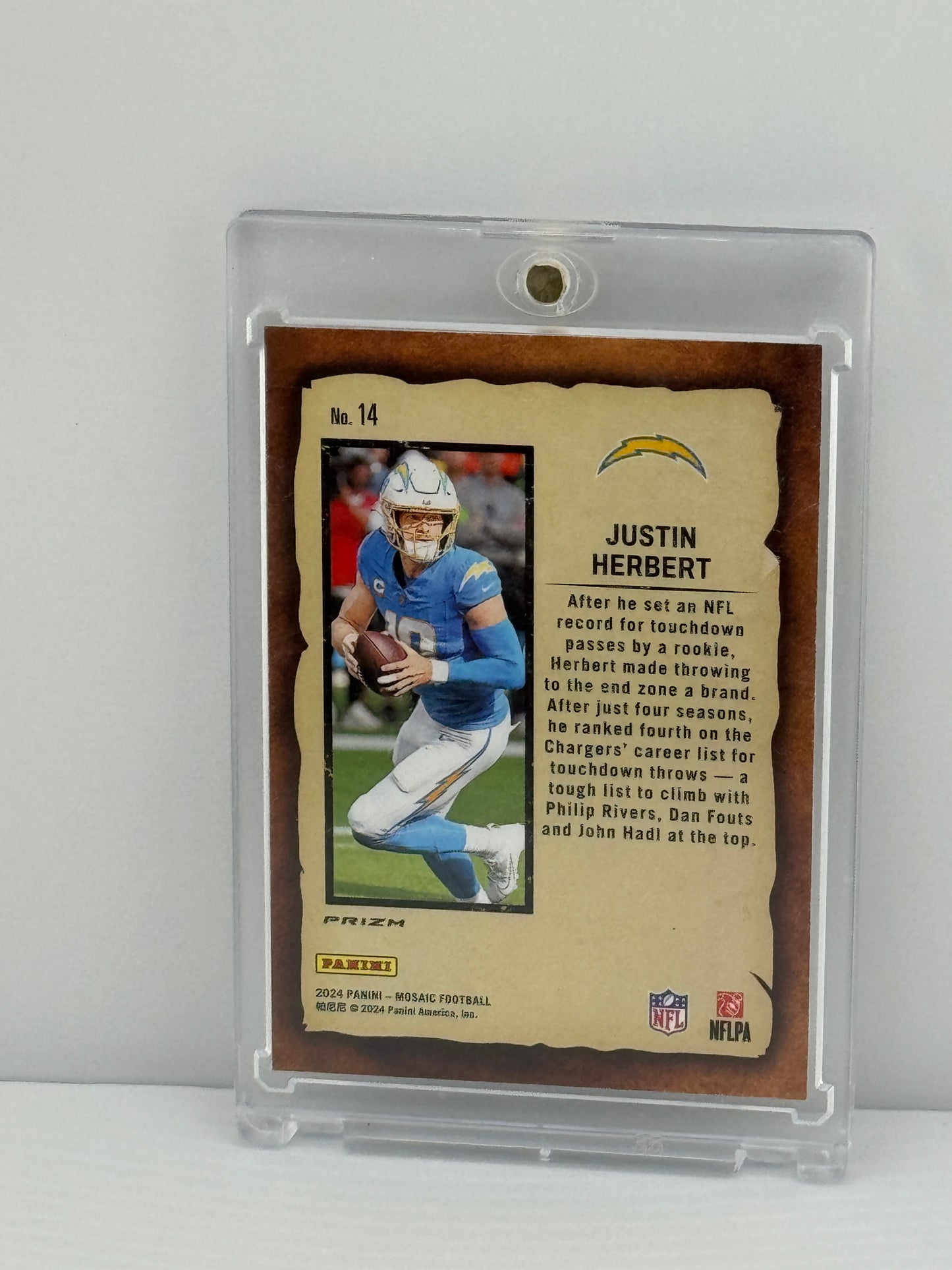 2024 Mosaic #14 Justin Herbert Notoriety Silver Prizm RC Los Angeles Chargers