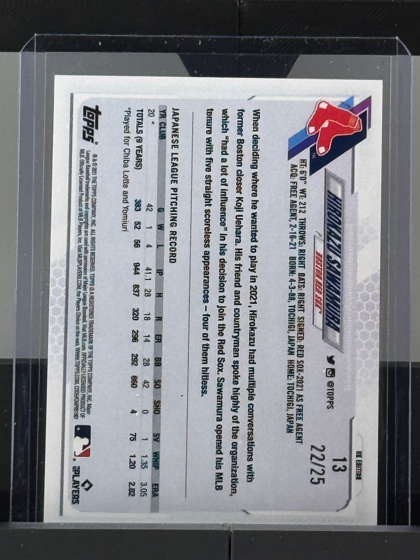 2021 Topps UK Edition #13 Hirokazu Sawamura RC 22/25 Boston Red Sox