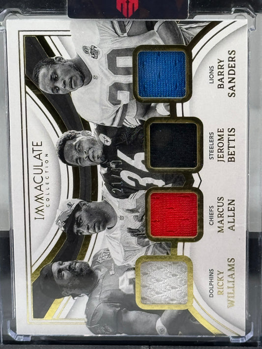 2023 Immaculate #IM-RB2 Ricky Williams Marcus Allen Jerome Bettis Barry Sanders 21/49 Quad Patch
