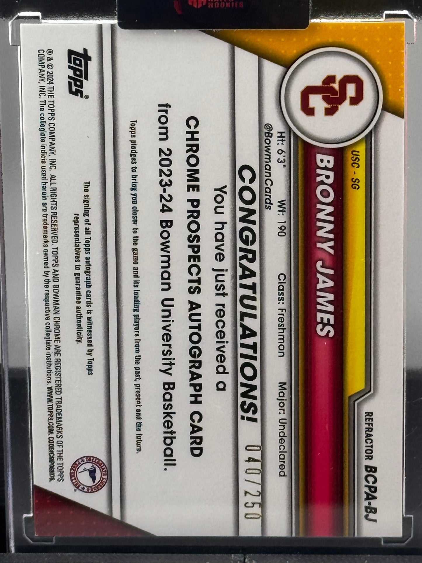2023-24 Bowman University Chrome #BCPA-BJ Bronny James Auto Refractor 1st Bowman USC