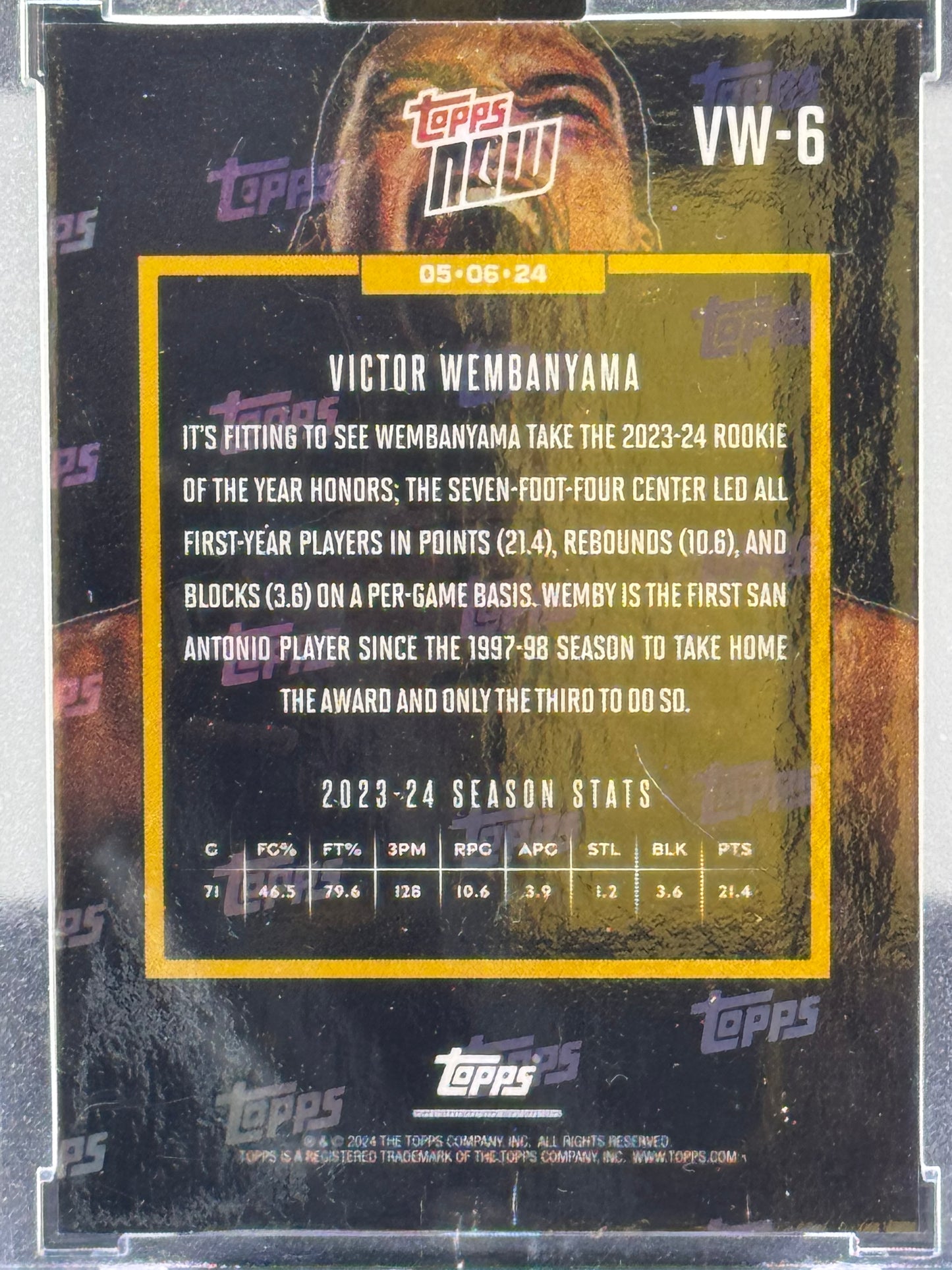 2023-24 Topps Now #VW-6 Victor Wembanyama Rookie of the Year San Antonio Spurs