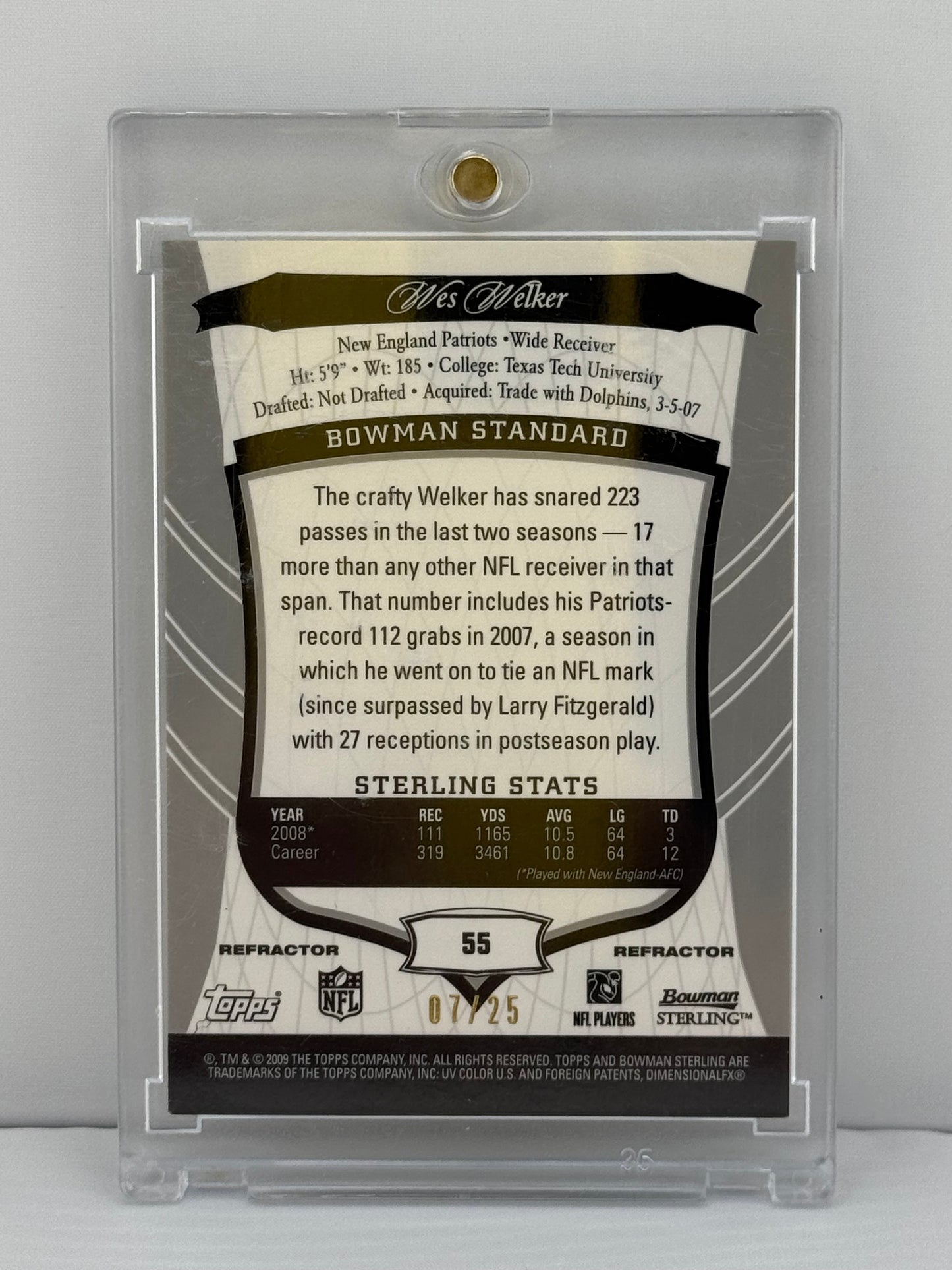 2009 Bowman Sterling #55 Wes Welker Refractor Game Worn Patch 7/25