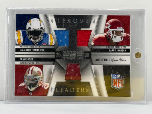 2006 National Treasures League Leaders #14 Ladainian Tomlinson / Larry Johnson / Frank Gore Game Worn Patch 27/99