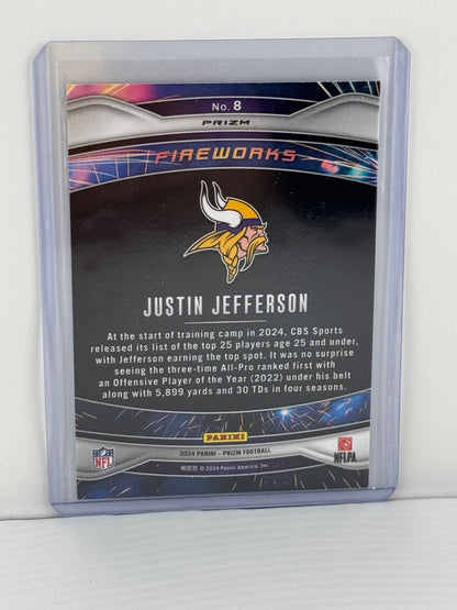 2024 Prizm #8 Justin Jefferson Fireworks Green Cracked Ice