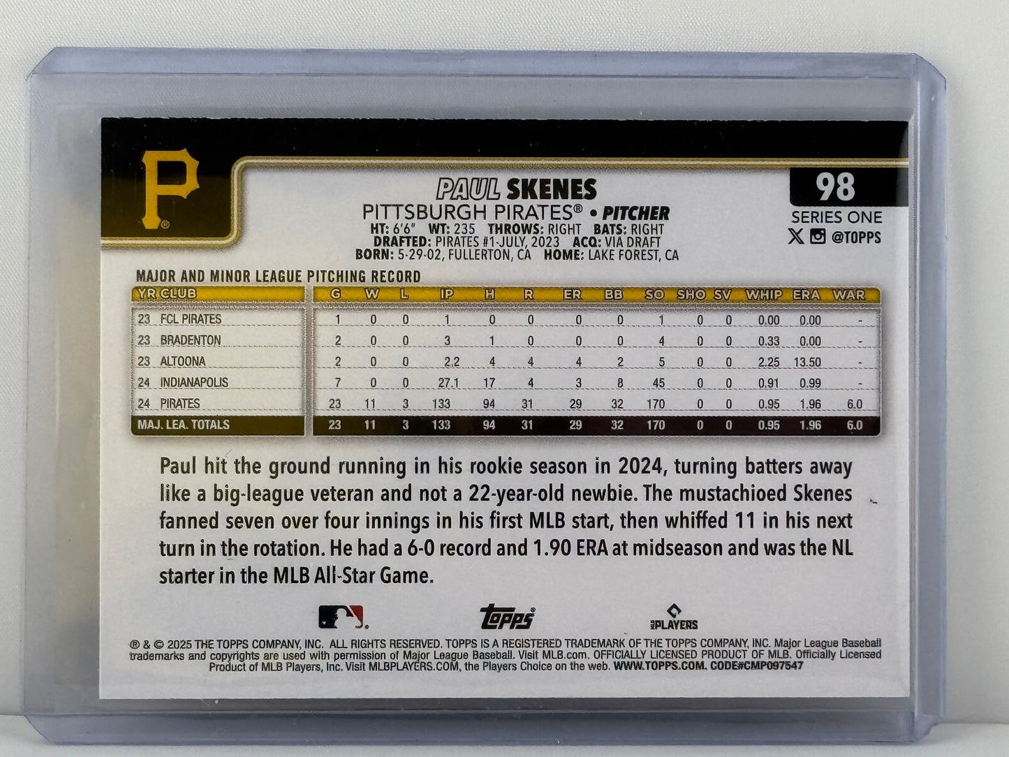 2025 Topps Series 1 #98 Paul Skenes Topps All Star Rookie RC