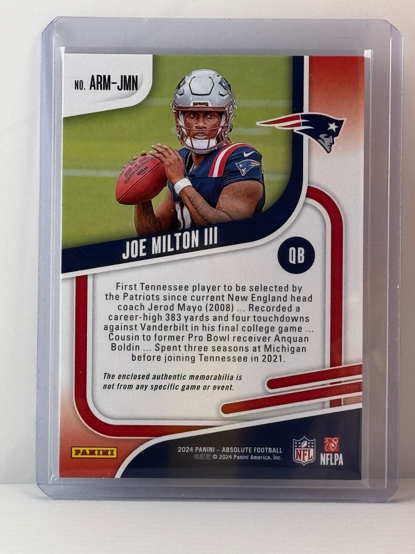 2024 Absolute #ARM-JMN Joe Milton III Rookie Materials Patch RC