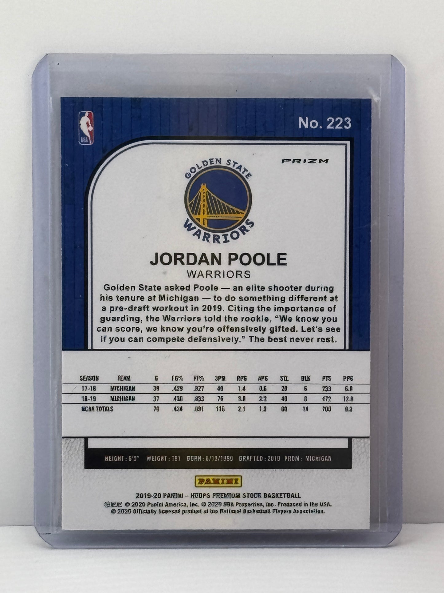 2019-20 Panini Hoops Premium Stock #223 Jordan Poole Velocity RC