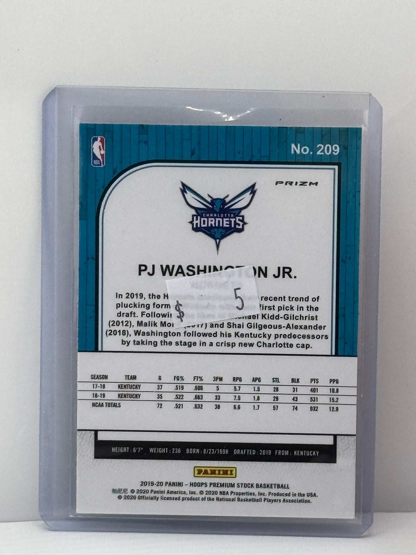 2019-20 Panini Hoops Premium Stock #209 PJ Washington Velocity RC