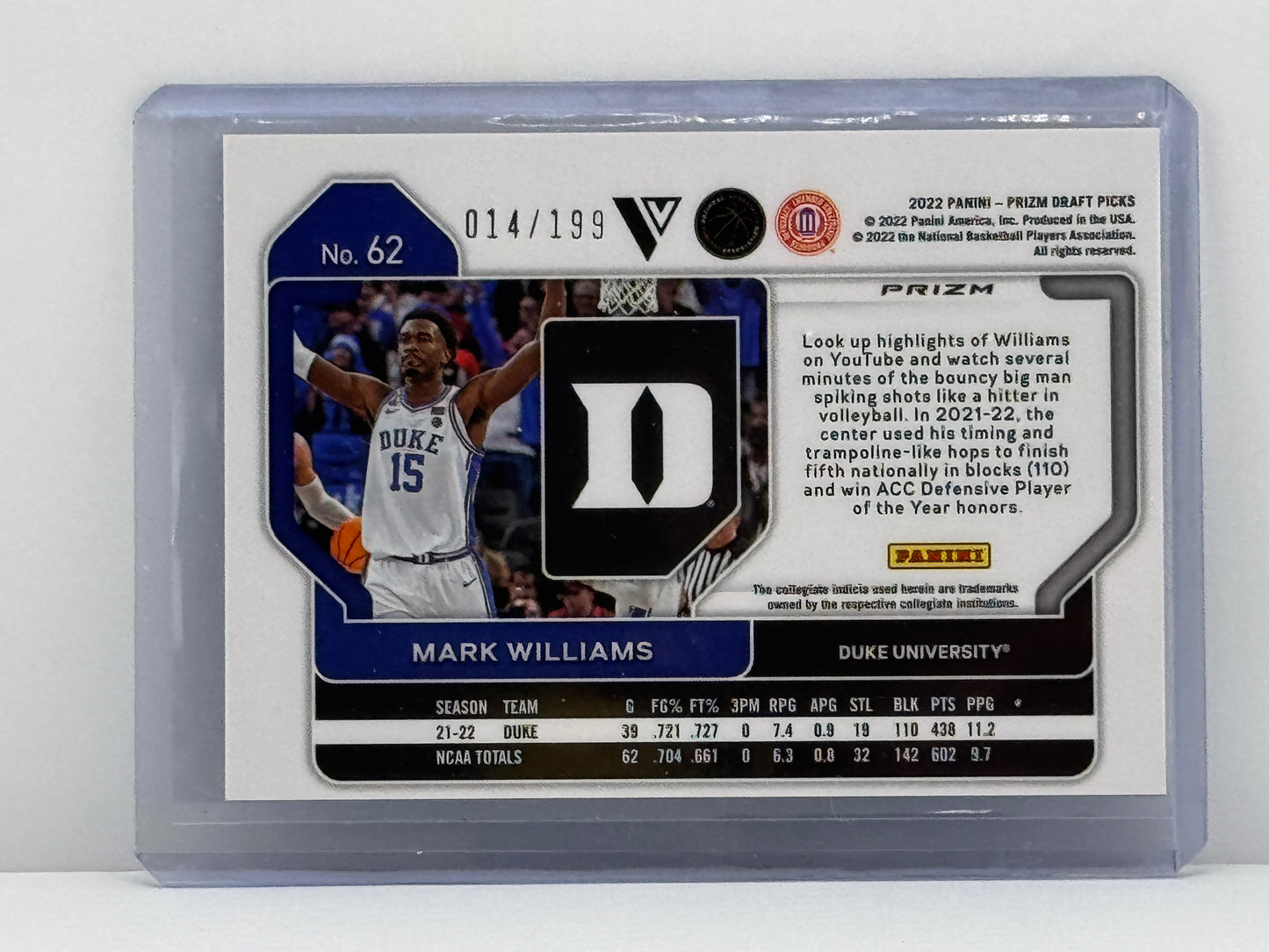2022 Prizm Draft Picks #62 Mark Williams Blue Prizm 14/199