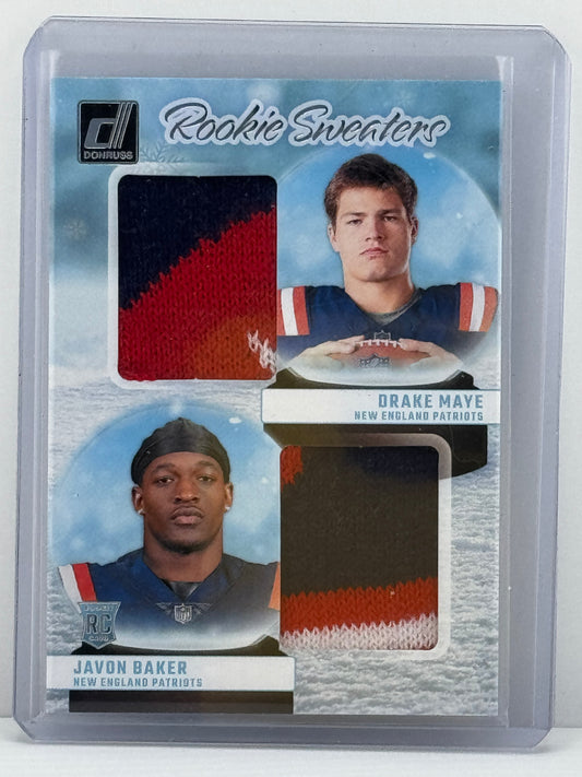Suéteres de novato con parche doble de Drake Maye Javon Baker 2024 Donruss #RHD-NE