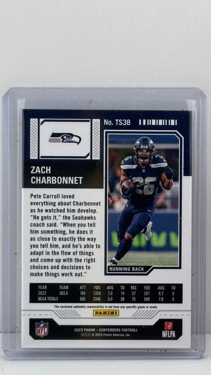 2023 Panini Contenders #TS38 Zach Charbonnet Rookie Ticket Patch Seattle Seahawks