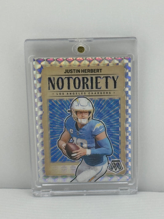 2024 Mosaic #14 Justin Herbert Notoriety Silver Prizm RC Los Angeles Chargers