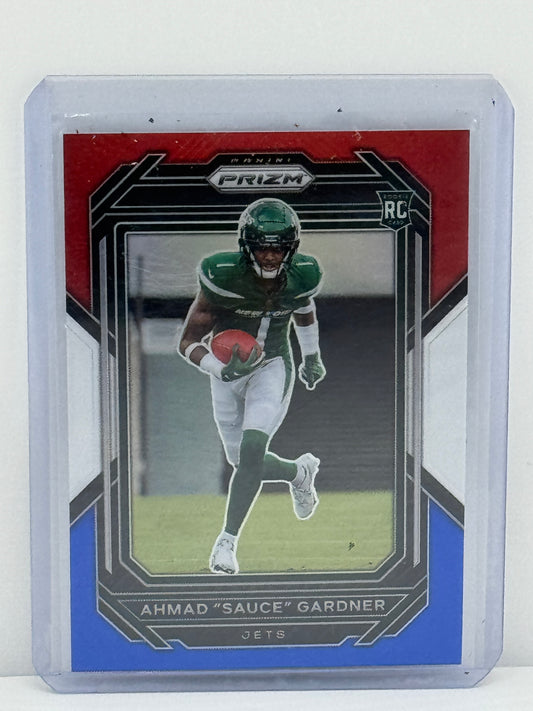 2022 Panini Prizm #341 Ahmad Sauce Gardner Red White Blue Prizm RC New York Jets
