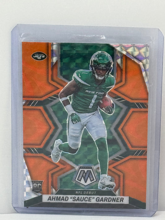 2022 Panini Mosaic #289 Ahmad Sauce Gardner NFL Debut Camo Orange Prizm RC New York Jets