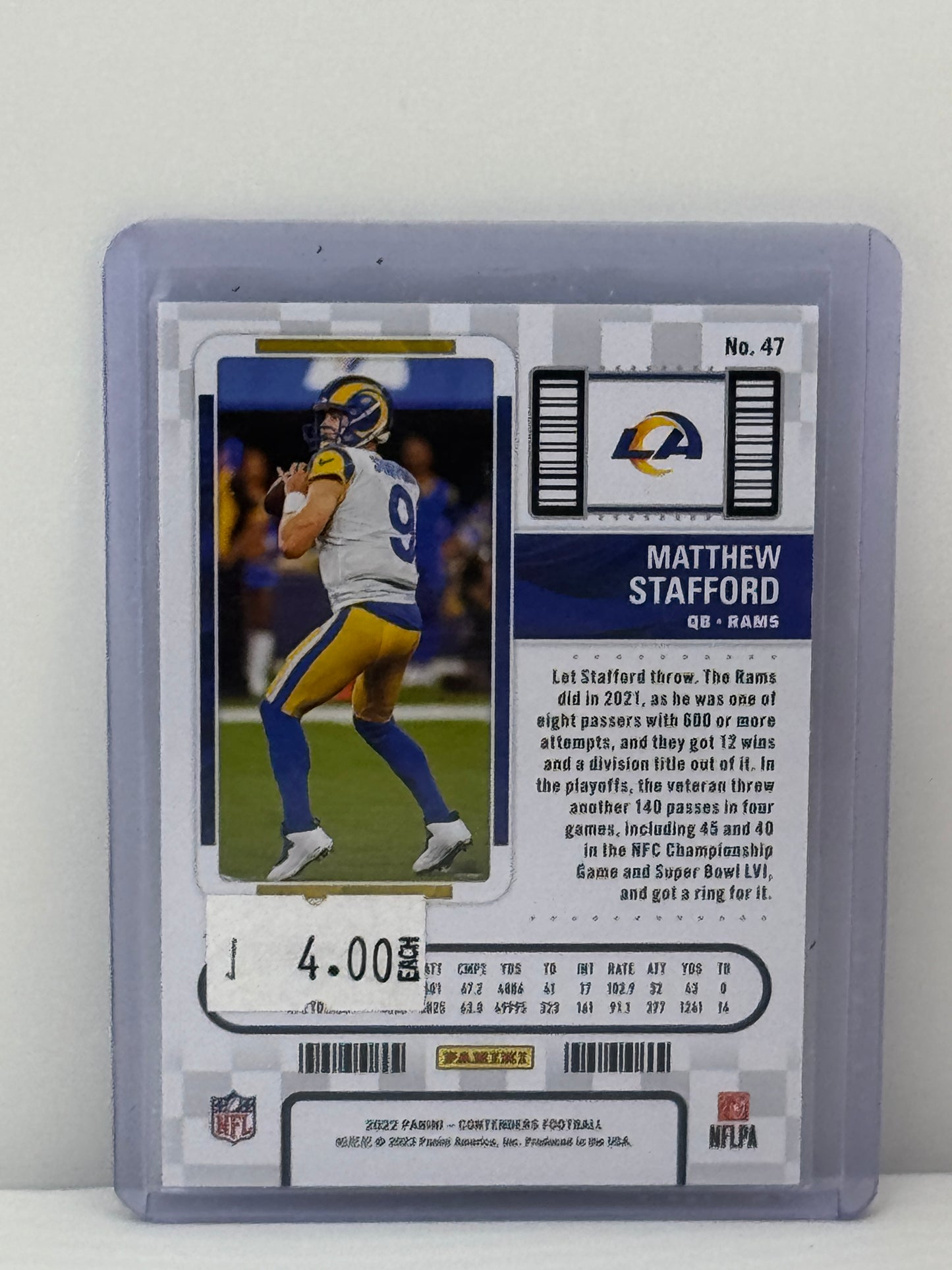 2022 Panini Contenders #47 Matthew Stafford Playoff Ticket 181/199 Los Angeles Rams