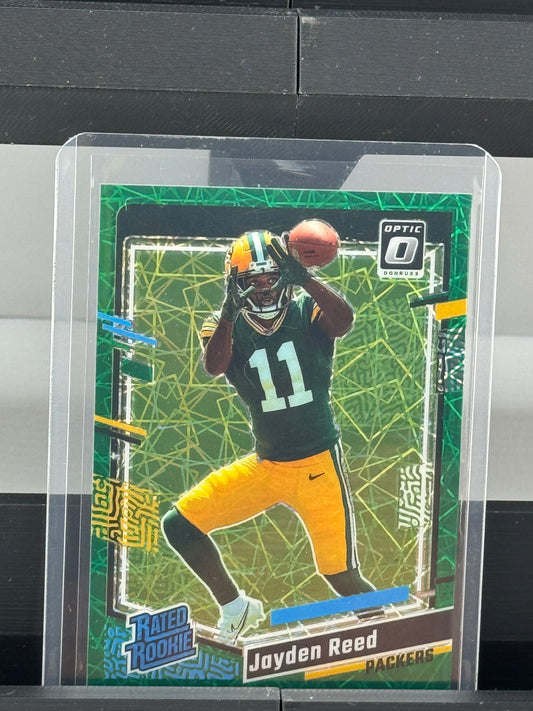 2023 Donruss Optic #239 Jayden Reed Green Velocity Prizm RC Green Bay Packers