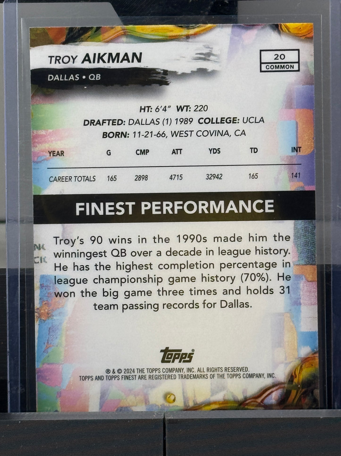 2024 Topps Finest #20 Common Troy Aikman Purple Refractor 51/250 Dallas Cowboys