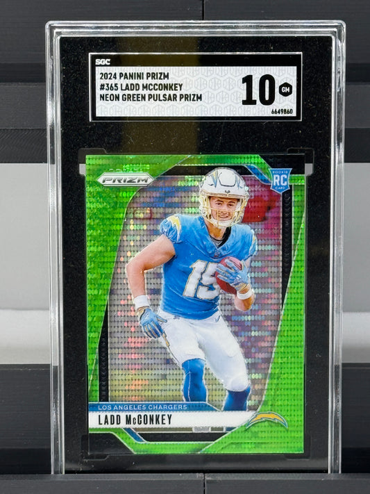 2024 Panini Prizm #365 Ladd McConkey Neon Green Pulsar Prizm RC SGC 10 Los Angeles Chargers