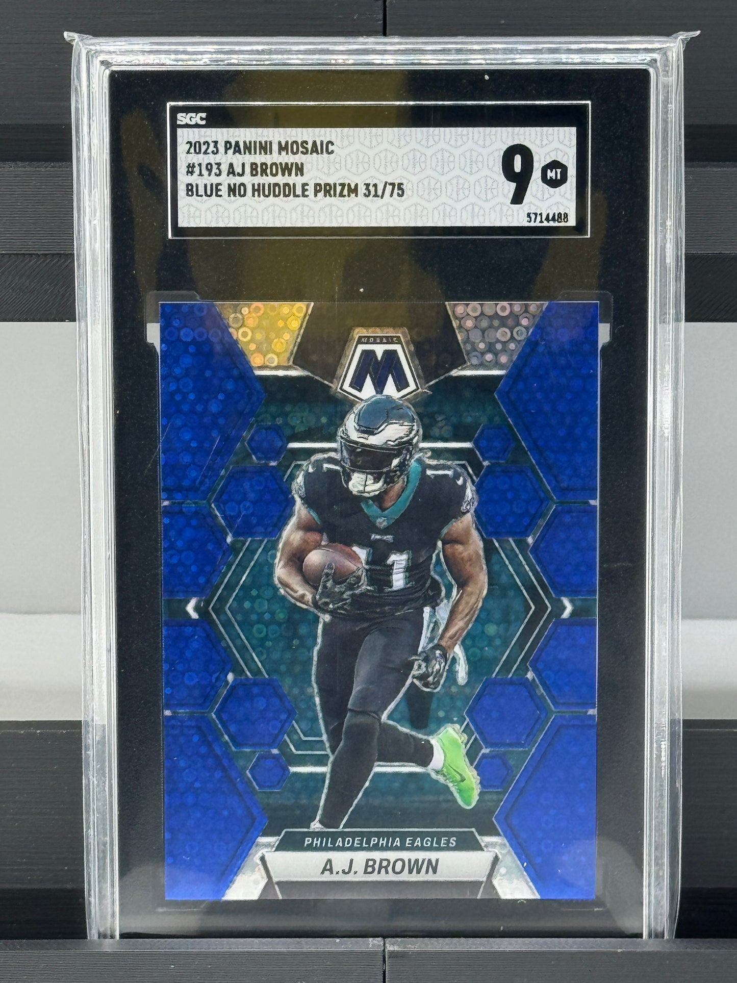 2023 Mosaic #193 AJ Brown Blue No Huddle 31/75 SGC 9 Philadelphia Eagles