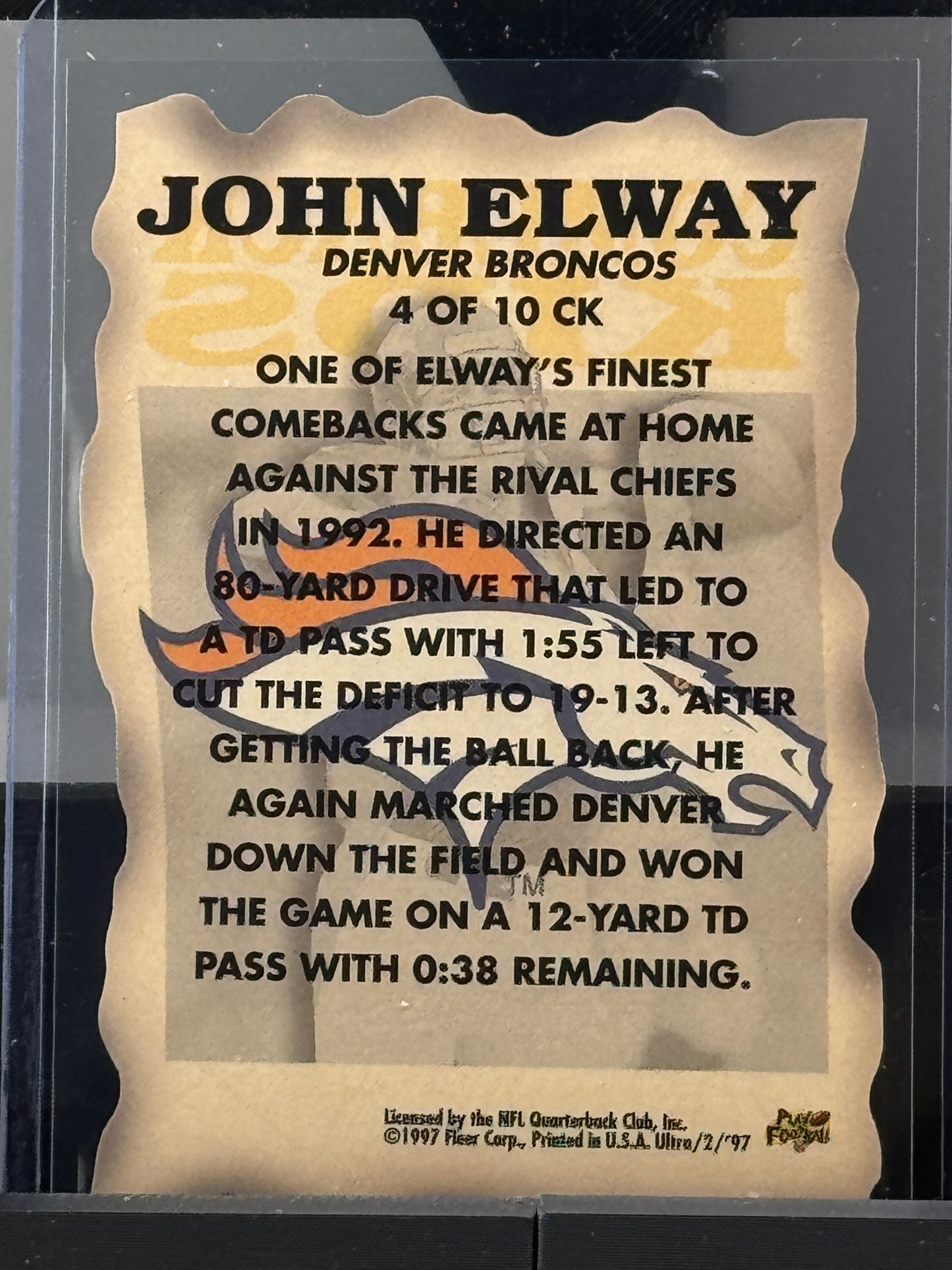 1997 Fleer Ultra #4 of 10 John Elway Comeback Kids Die Cut Denver Broncos